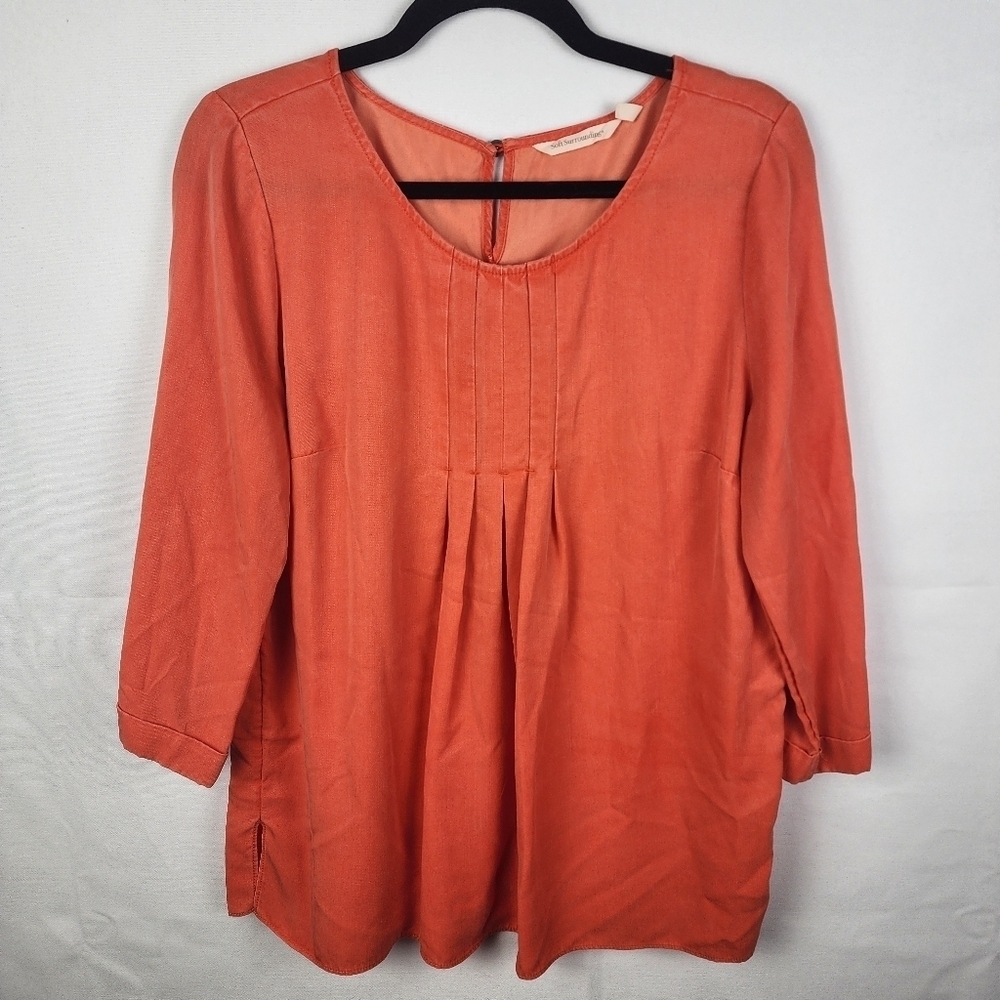Soft Surroundings Orange Pin Tuck 3/4 Sleeve Blouse Size‎ Small
